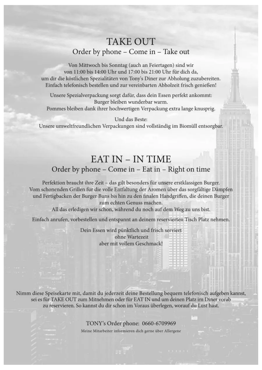 Speisekarte – Take Out und Eat In, Informationen und Bestelltelefon