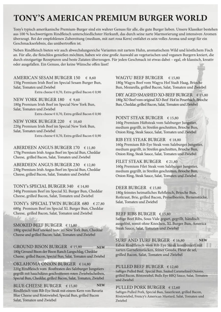 Speisekarte – Tony's American Premium Burger World mit Beef, Wagyu & Steak Burgern