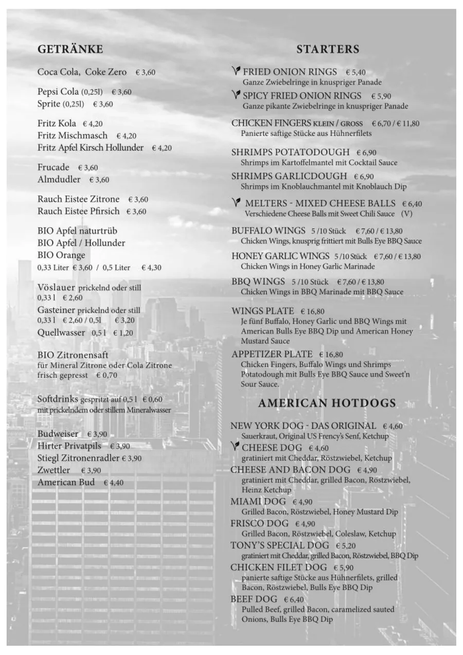 Speisekarte – Getränke, Starters und American Hotdogs