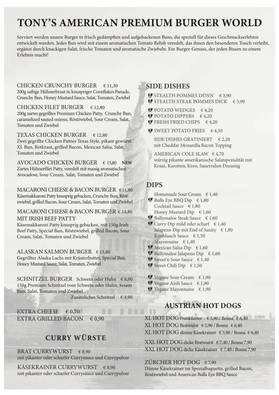 Speisekarte – Chicken Burger, Side Dishes, Dips und Hot Dogs
